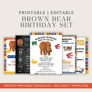 Brown Bear Brown Bear Eric Carle Themed Party Invitation, Milestone Chalkboard & Time Capsule Signs -Digital Downloads Customizable in Canva