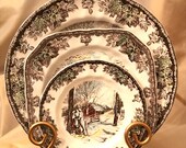 Vintage Johnson Bros The FRIENDLY VILLAGE Winter Scene 3 Piece Dinnerware Collector Plate Set