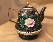 Antique Chinese Cloisonné Black Gold Gilt Teapot with Carved Wood Stand Gilded Brass and Enamel Gift