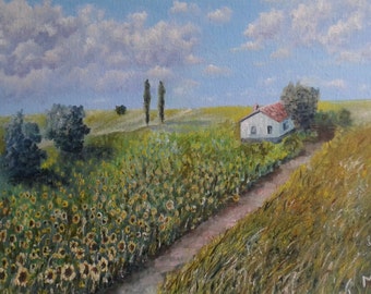 Affordable price. Landscape with fields and farm house. Original oil landscape. Field of sunflowers. Rural landscape. Painting of sunflowers