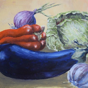 Oferta de arte. Bodegón original de verduras. Berenjena. Pimiento rojo. Ajo. Cebolla. Col. Pintura realista para tu cocina.