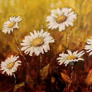 Pintura al óleo original de pequeño formato y asequible para la decoración de la cocina. Pintura de flores silvestres. Bodegón de flores de Ucrania. Margaritas. Manzanilla