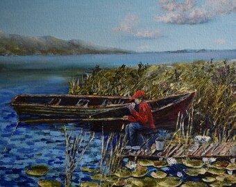 River, Water Lilies, Old Wooden Boats. Fishman on the shore. River landscape Summer Day Original Painting. Blue Sky. Clouds. Rural Landscape