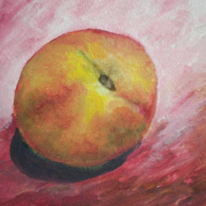 Cuadro de frutas económico para decorar el hogar. Bodegón al óleo original de pequeño formato con melocotón, a un precio accesible. Perfecto para cualquier espacio.
