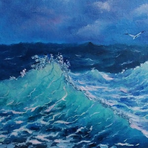Small format oil seascape inspired by Ivan Aivazovsky. Translucent ocean wave. Realistic painting. Seascape with lonely seagull over the sea