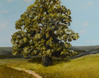 Öl Landschaft mit einsamer Eiche. Ölgemälde von der Eiche auf dem Feld. Inspiriert von der berühmten Kunst von Ivan Shishkin. Ländliche Landschaft für Wanddekor