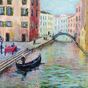 Italian Venice Cityscape. Oil Painting with Gondolas & Bridges. Serene Venice Canal Art – Hand-Painted Italian Cityscape. Italian landscape.