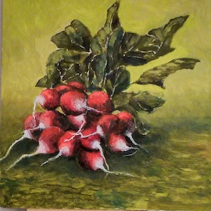 Decoración de cocina económica con bodegones. Un toque de encanto para tu cocina. Bodegón de verduras. Pintura decorativa rojiza. Arte asequible.