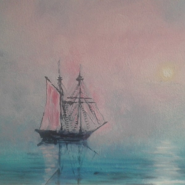 Oil seascape Inspired by the Ivan Aivazovsky Gentle delicate colors. Sunrise over the sea. Marine art.  Sailing ship. Classic style painting