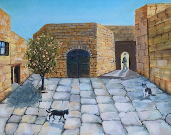 Alte Straßen von Jerusalem. Urbane Kunst. Jerusalem Original-Gemälde. Historische Orte.Orangenbaum Katze auf dem ruhigen Platz Old Platz. Jerusalem