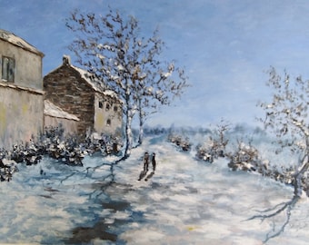 ルーヴシエンヌの雪 - アルフレッド・シスレーの手描き油絵複製、冬の