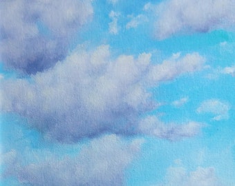 Nuages sur le ciel bleu. Peinture de nuages. Peinture de la Nature. Peinture originale de ciel bleu. Peinture Contemporaine Romantique De Nuages De Cumulus.