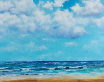 Unberührte natürliche Malerei auf Seelandschaft. Ruhige Gewässer. Blauer Himmel mit Wolken. Friedliche Ozean Strand Landschaft Calm Ocean Seascape.Painting zum Entspannen
