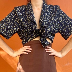 Blue and yellow flower blouse, Vintage summer shirt, Cute knot tie oversized blouse, 80s secretary top, XL