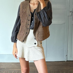 Vintage brown wool waistcoat, Lammy gilet, Brown cozy winter wear, Sleeveless checkered vest, Double sided european jacket, L