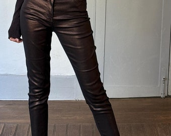 Metallic black skinny pants, Vintage Vila garment coated pants, Festive glitter trousers, M