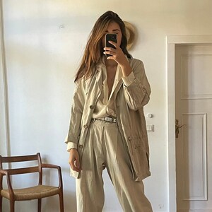 ヴィンテージリネンレディースブレザー、ゆったりリネンカーディガン、レディースベージュジャケット、