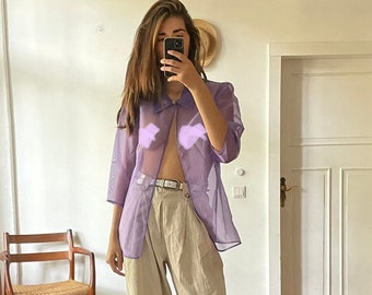 Bluzka z organzy w kolorze fioletowym w stylu vintage z lat 90., prześwitująca, siateczkowa, seksowna, festiwalowa, lekka, zapinana na guziki, w stylu klubowym, Paris Hilton, klimat Y2K