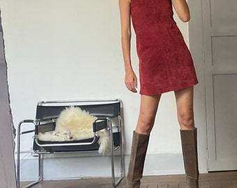 Vintage Red Suede Leather A-Line Dress, Minimalist Genuine Leather Mini Dress with Modest Neckline, Perfect with Knee High Boots