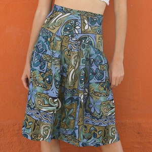 Vintage Abstract Print Skirt in Blue and Green Tones, High-Waist, 80s/90s Style, 1980s retro woman skirt, Playful summer wear