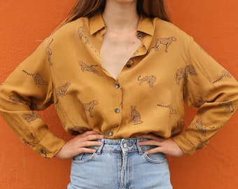 Vito Versini Vintage-Bluse mit Geparden-Print – luxuriöses Sommer-Top mit Seidengefühl, Leoparden-Damen-Krawattenshirt, süße 70er-Jahre-Bluse, Unisex-Bluse