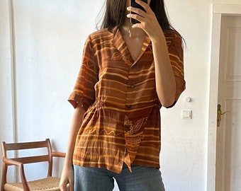 Chemisier femme chemisier orange brûlé rétro des années 70, chemise décontractée vintage, chemise de plage rétro, chemisier d'été confortable surdimensionné, chemise longue