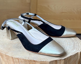 Zapatos de tacón de ante negro y piel dorada, diseño de tira trasera, tacón de bloque de 6,5 cm, ideales para ocasiones especiales, talla 41.