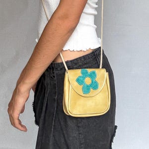 Y2K Yellow Leather Mini Purse | Festival Crossbody Pouch with Blue Flower | Retro 2000s Revival Bag
