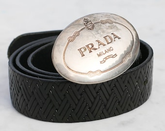 Prada Milano Textured Black Belt with Statement Buckle, Prada designer leather woven belt, 95/38