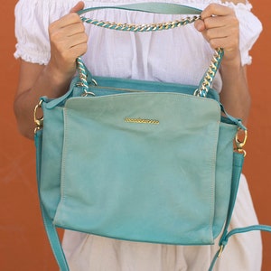 turquoise Rocco Barocco designer cross body bag, Shoulder bag, Light blue handbag, Medium leather bag, shoulder bag, tote bag, schoolbag