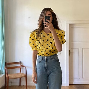 Vintage Yellow Polka Dot Blouse With Puff Sleeves Groovy 70s Shirt Cute Rouje Aesthetic Women Shirt Secretary Blouse Etsy