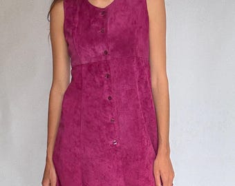 70s genuine leather mini dress, Vintage Magenta Suede Real Leather 90s, Size S,