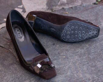 Vintage suede Tod's high heels, Comfortable dark brown designer shoe size 38.5, Summer pumps