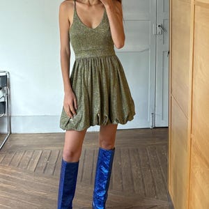 Vintage Gold Glitter Party Dress | Y2K Metallic Bubble Hem Mini | Size M
