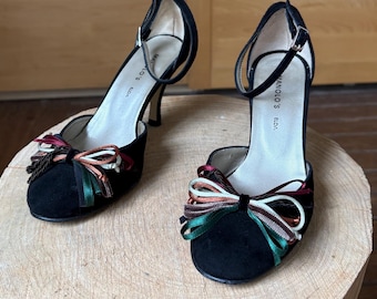Zapatos de tacón alto de ante negro, con puntera abierta, estilo Art School / Indie Vintage, talla EU 36.
