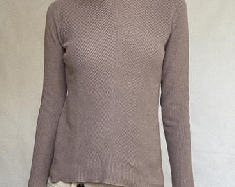 Massimo Dutti taupe brown long, sleeve top, 100% cotton, slim fit, ribbed texture, minimalist, US S, versatile layering piece