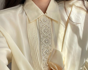 Romantische cottage core verfraaide vrouwelijke blouse, Pastelgele secretaressekleding, Werkelijk unieke formele kleding,