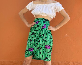 Vintage green floral lightweight summer skirt, Retro midi skirt, High waist spring skirt, Unique handmade wrap skirt, XS