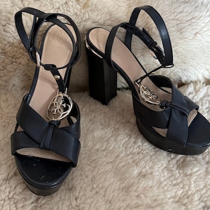 Vintage Guess Black Platform Heels, 2000s Y2K Strappy Sandals, High Block Heels with Logo Charm, Party Evening Shoes, Size EU 37