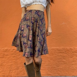 Vintage floral summer skirt, Purple retro midi skirt, High waist Cottage core spring skirt, Size 146 / XS - XXS