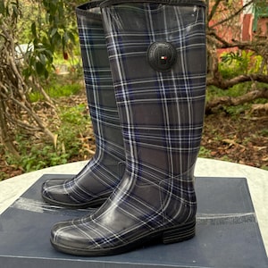 Luxury Tommy hilfiger rain boots,  women&#39;s plaid brand wellington boots, grey - blue fashionable rain boots, designer wellies, size 41 -