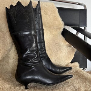 Vintage Black Pointed Toe Knee High Boots, Gothic Western Cutout Detailing, Kitten Heel Boots, Vegan Friendly, 90s Y2K Alternative Fashion