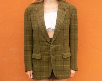 Classic Confar Italian Tweed Blazer, Moss green plaid light academia blazer jacket, Oversized wool outdoor wear, Autumn fahsion aesthetic