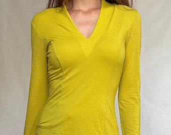 Gelbes Angelo Marani Top Größe S – M Stretch Wollmischung lange Ärmel V-Ausschnitt