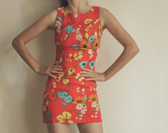 Moschino colourful floral pencil dress, Sexy tight mini dress, Orange short festive dress, Designer women clothing, Party outfit, M