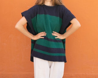 Wool poncho in navy blue and green, Wool cape, Classic style winter wear, Elegant tennis club style