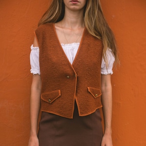 Italian Wool-Angora Vest, Copper orange vintage waistcoat, Paquito Bologna Italy Ochre woman gilet, cozy quality knitwear