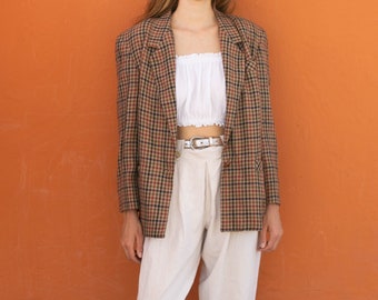 Vintage smart wool plaid women blazer, Shepherd check jacket, Light academia blazer, Retro women's clothing, Wool formal jacket,