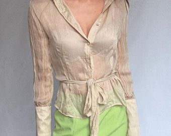 Sheer Light Beige Blouse with Waist Tie – Feminine Vintage Style, See-Through Summer Shirt, Size S