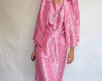 Vintage Pink Brocade Set – Handmade Spanish Skirt Top Jacket Suit – Barbie core office outfit, Size M-L